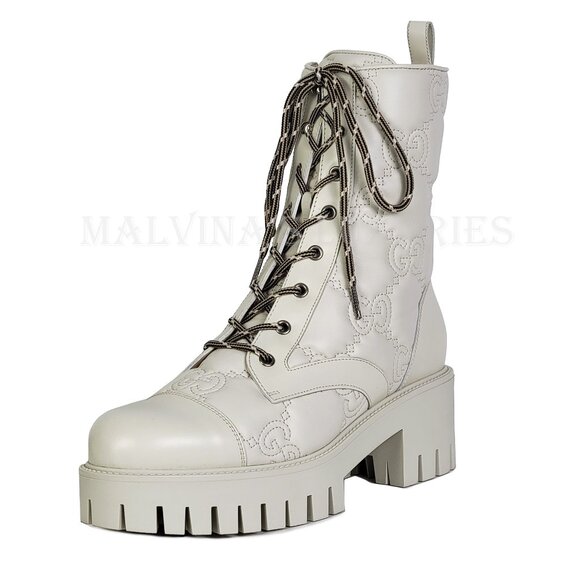 GUCCI BOOTS ANKLE WHITE GG LOGO LEATHER QUILTED LACE-UP  sz 41 11 US - Picture 8 of 15